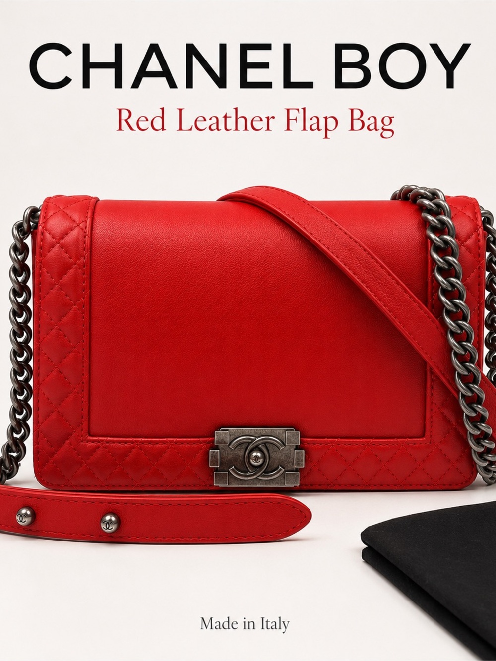 Authentic CHANEL Red Lambskin Boy Reverso Bag with Aged Ruthenium Hardware